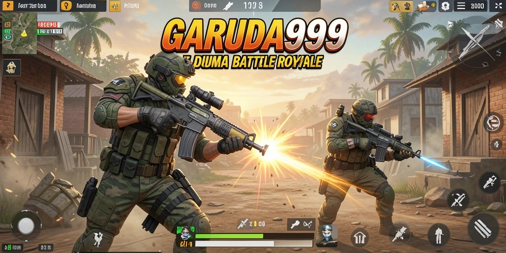 Tangkapan layar GARUDA999 menampilkan aksi pertempuran epik di arena Battle Royale.