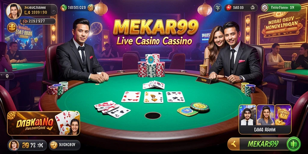 Screenshot gameplay MEKAR99 menampilkan dealer langsung dalam permainan kasino.