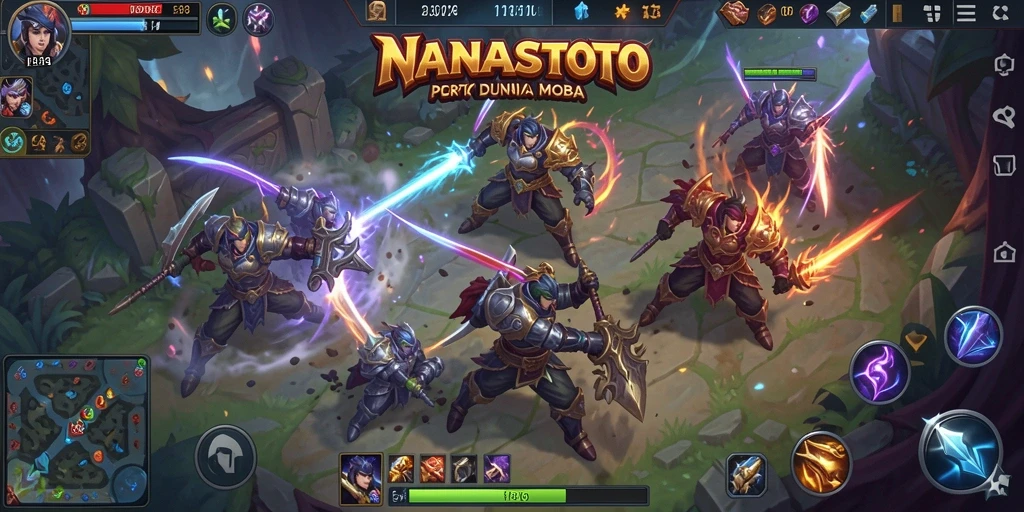 Gameplay seru di NANASTOTO dengan pertarungan karakter MOBA.